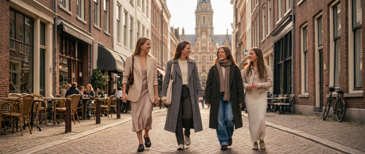 Vier vrouwen in neutrale outfits lopen door een historische winkelstraat